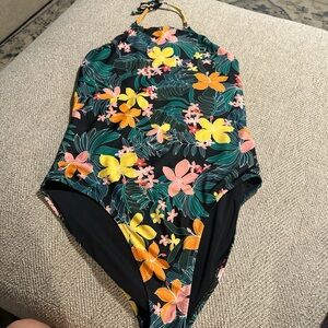 Floral Halter One-Piece Swimsuit - Black with Yellow & Pink Flowers